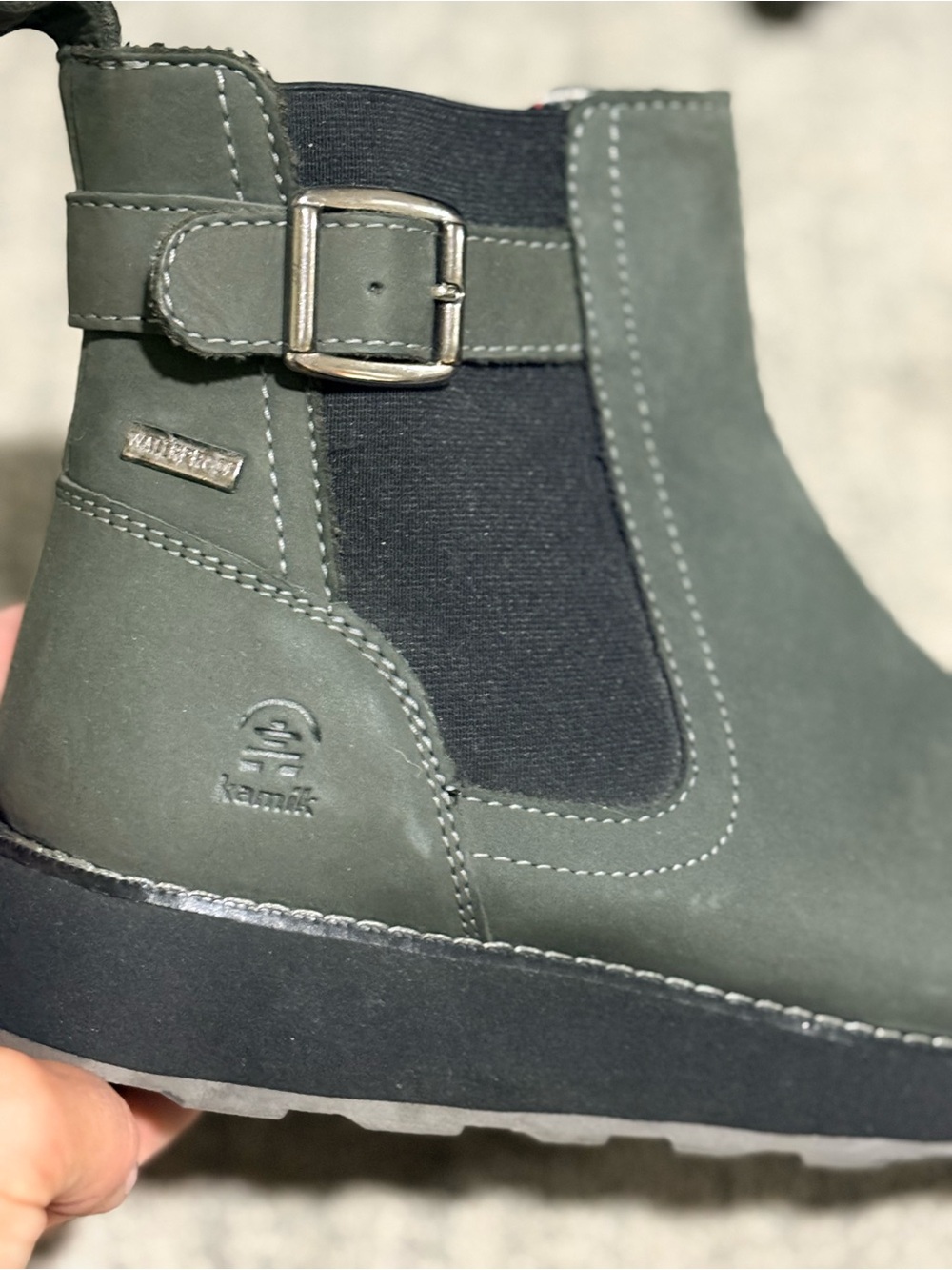Kamik Olive Gray Chelsea Boot with Silver Buckle